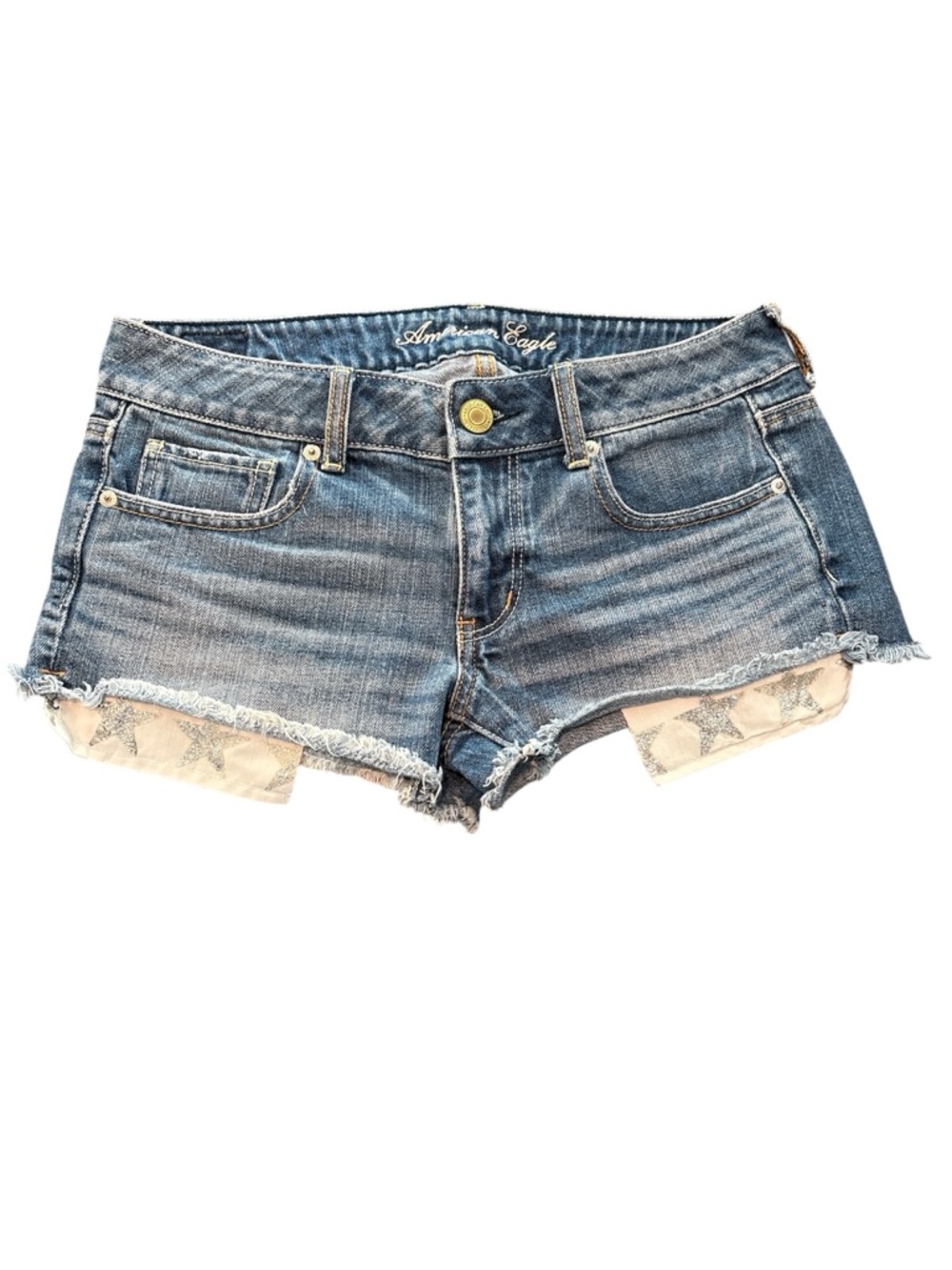American Eagle Outfitters Distressed Blue Denim Shorts with Sparkly Star accents